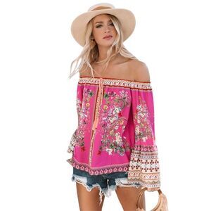 Umgee Boho Off Shoulder Paisley Floral Blouse Long Bell Sleeves
